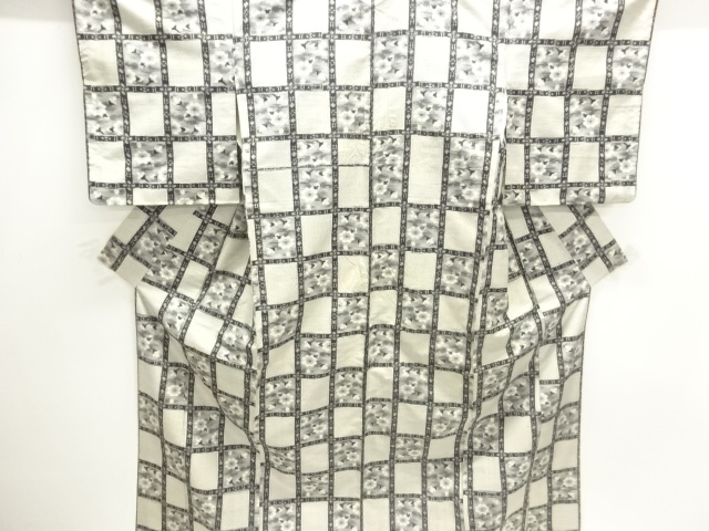 JAPANESE KIMONO / ANTIQUE KIMONO / SILK / TOKAMACHI TSUMUGI / WOVEN GRID & FLOWERS